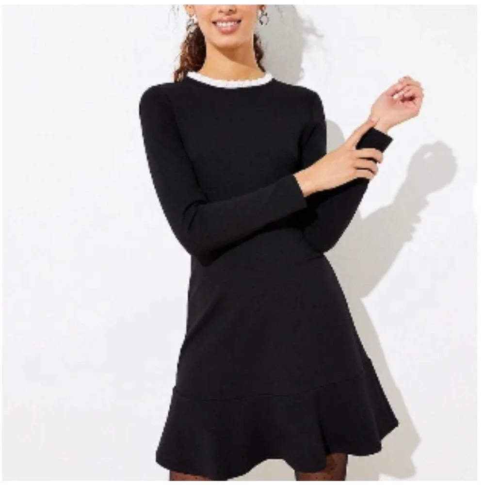 LOFT RUFFLE FLOUNCE FLARE DRESS BLACK SIZE 6 RAYON BLEND - Picture 1 of 7